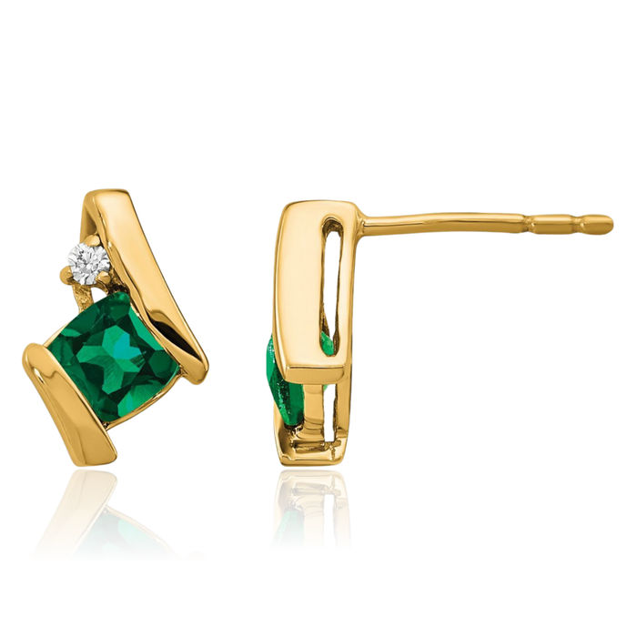 10K Solid Yellow Gold Cushion-Cut Lab Green Emerald Diamond Studs Gemstone Earrings