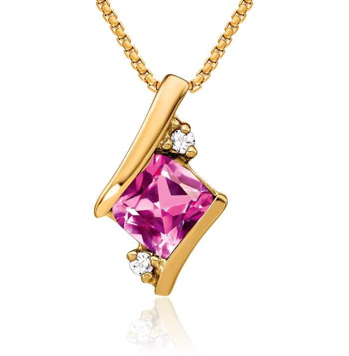 10K Solid Yellow Gold Cushion-Cut Lab Pink Sapphire Diamond Floating Chain Slide Pendant Necklace Gemstone Charm October Birthstone Jewelry