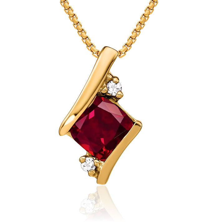 10K Solid Yellow Gold Cushion-Cut Lab Red Ruby Diamond Floating Chain Slide Pendant Necklace Gemstone Charm July Birthstone Jewelry