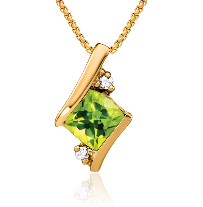 10K Solid Yellow Gold Cushion-Cut Green Peridot Diamond Floating Chain Slide Pendant Necklace Gemstone Charm August Birthstone Jewelry