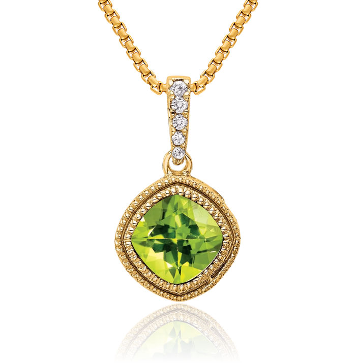 10K Solid Yellow Gold Cushion-Cut Green Peridot Diamond Necklace Charm Gemstone Pendant