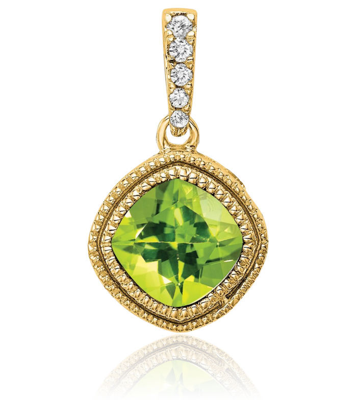 10K Solid Yellow Gold Cushion-Cut Green Peridot Diamond Necklace Charm Gemstone Pendant