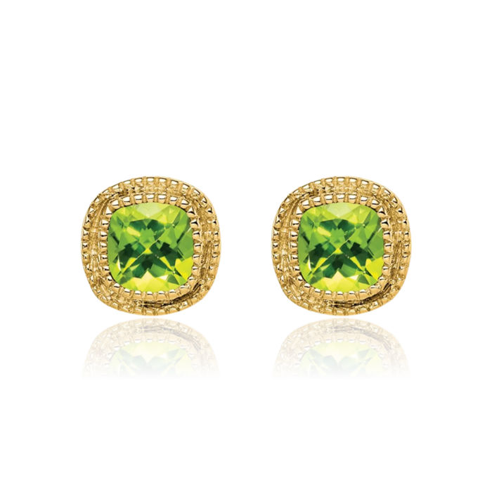 10K Solid Yellow Gold Cushion-Cut Green Peridot Diamond Stud Solitaire Earrings August Birthstone Jewelry