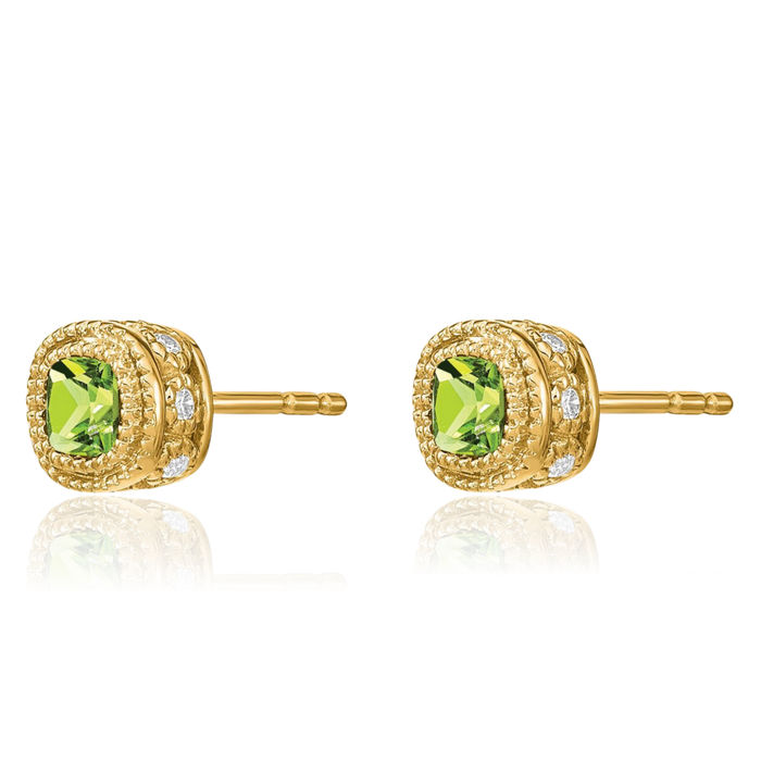 10K Solid Yellow Gold Cushion-Cut Green Peridot Diamond Stud Solitaire Earrings August Birthstone Jewelry