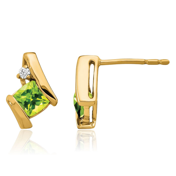 10K Solid Yellow Gold Cushion-Cut Green Peridot Diamond Studs Gemstone Earrings