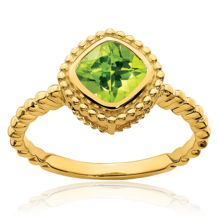 10K Solid Yellow Gold Cushion-Cut Green Peridot Ring Gemstone Band