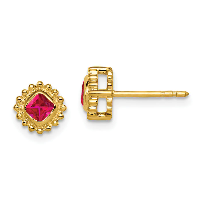 10K Solid Yellow Gold Cushion-Cut Red Ruby Stud Earrings July Birthstone Jewelry