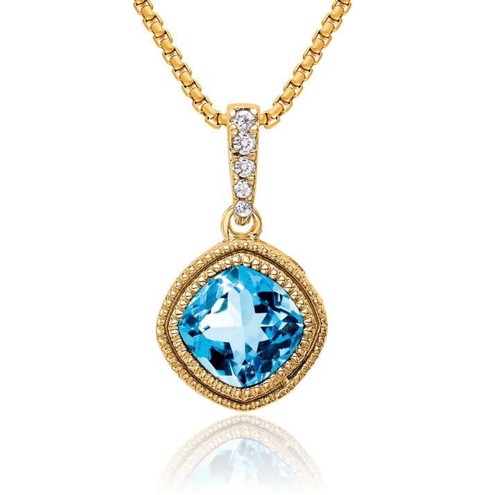 10K Solid Yellow Gold Cushion-Cut Swiss Blue Topaz Diamond Necklace Charm Gemstone Pendant