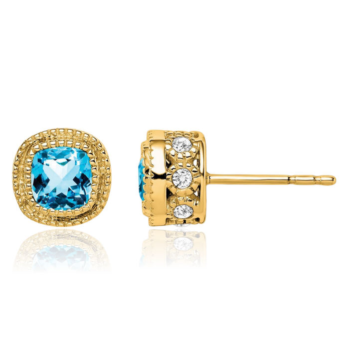 10K Solid Yellow Gold Cushion-Cut Swiss Blue Topaz Diamond Stud Solitaire Earrings December Birthstone Jewelry