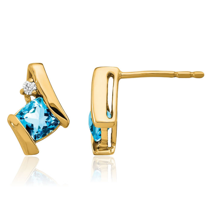 10K Solid Yellow Gold Cushion-Cut Swiss Blue Topaz Diamond Studs Gemstone Earrings