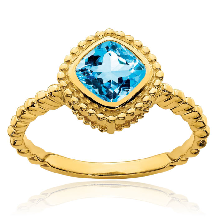 10K Solid Yellow Gold Cushion-Cut Swiss Blue Topaz Ring Gemstone Band