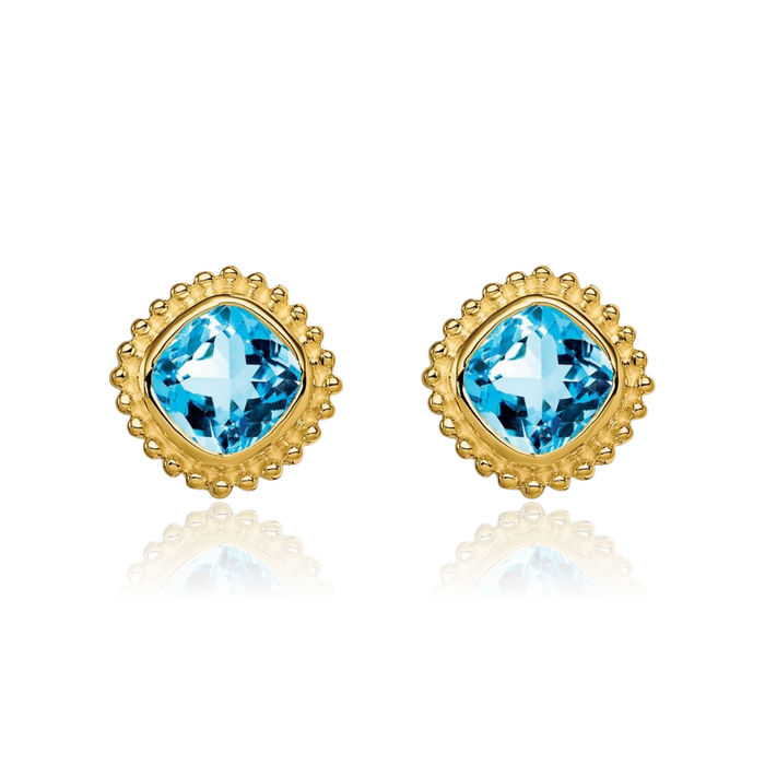 10K Solid Yellow Gold Cushion-Cut Swiss Blue Topaz Stud Earrings December Birthstone Jewelry