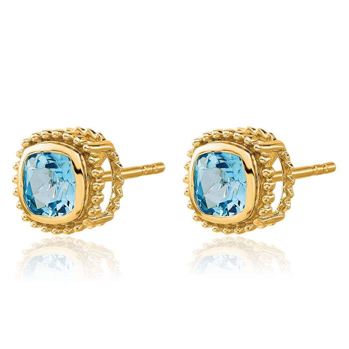 10K Solid Yellow Gold Cushion-Cut Swiss Blue Topaz Stud Earrings December Birthstone Jewelry