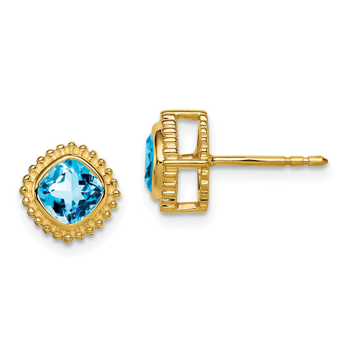 10K Solid Yellow Gold Cushion-Cut Swiss Blue Topaz Stud Earrings December Birthstone Jewelry