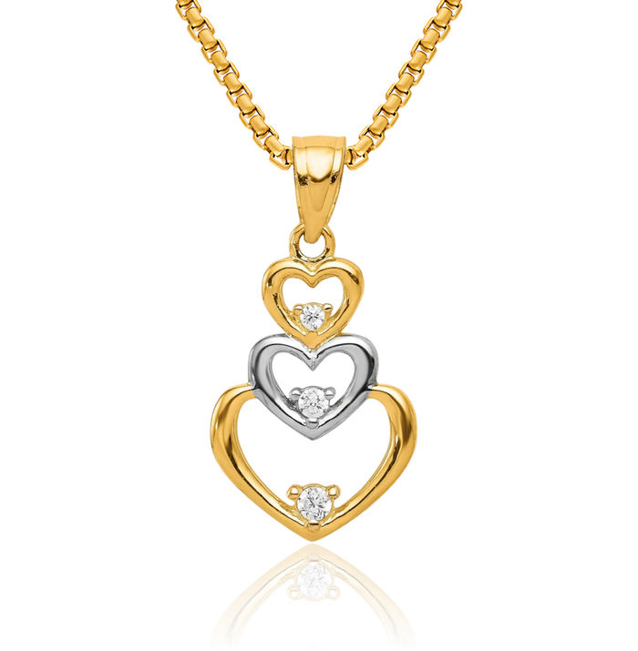 10K Solid Yellow Gold Cubic Zirconia CZ 3 Heart Necklace Love Pendant Charm