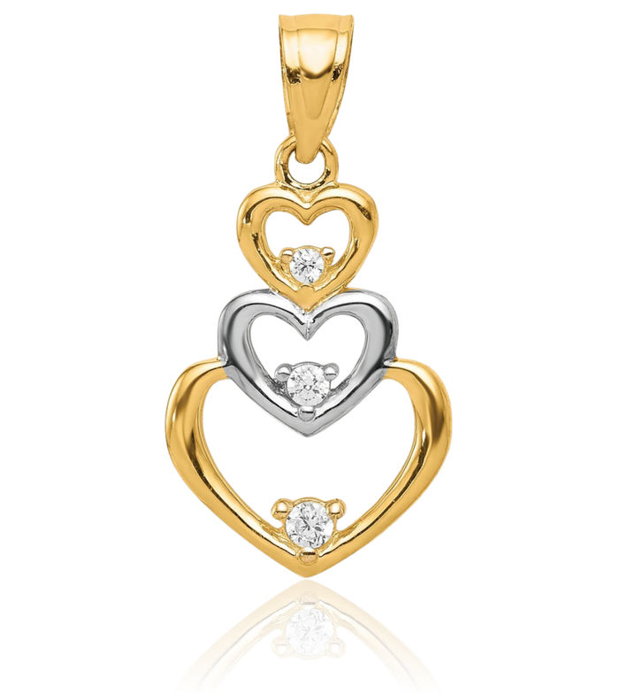 10K Solid Yellow Gold Cubic Zirconia CZ 3 Heart Necklace Love Pendant Charm