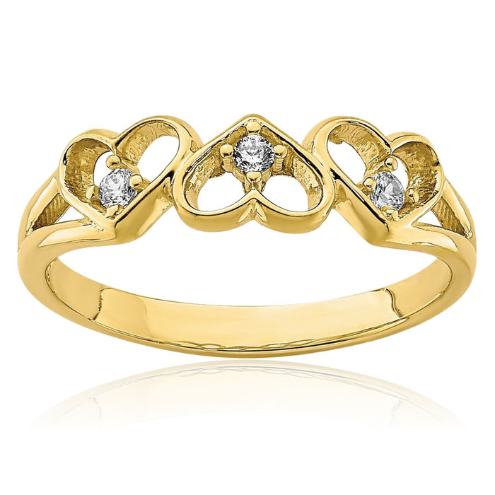 10K Solid Yellow Gold Cubic Zirconia CZ 3 Heart Ring Love Band