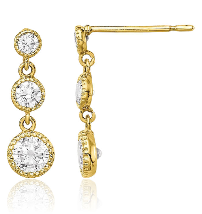 10K Solid Yellow Gold Cubic Zirconia CZ 3 Stone Drop Dangle Earrings