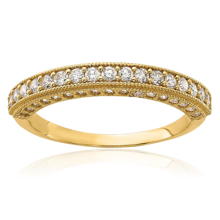 10K Solid Yellow Gold Cubic Zirconia CZ Beaded Edge Wedding Band Ring