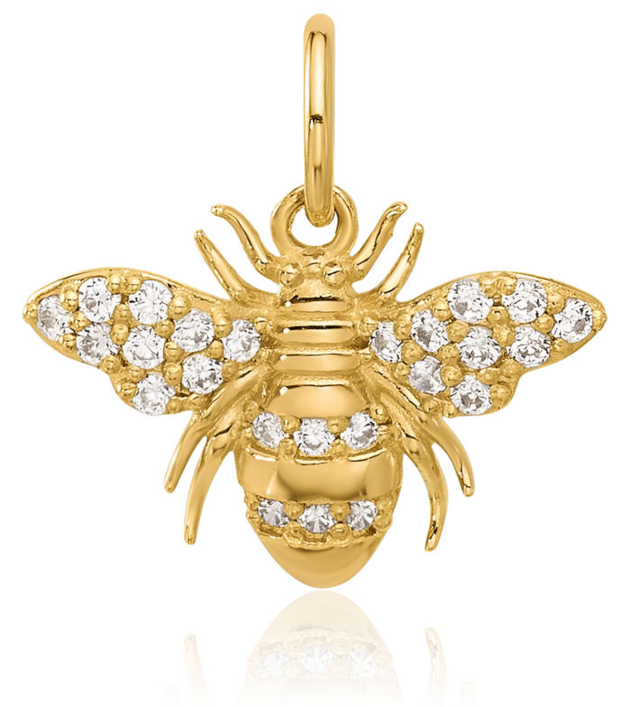 10K Solid Yellow Gold Cubic Zirconia CZ Queen Bumble Bee Necklace Honeybee Pendant Beekeeper Charm