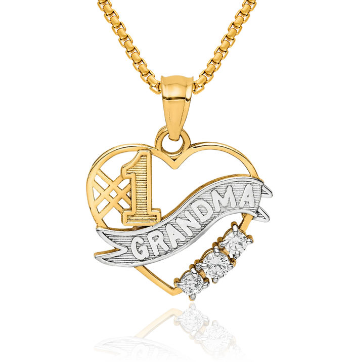 10K Solid Yellow Gold Cubic Zirconia CZ Best Grandma Heart Necklace Nana Charm Grandmother Pendant