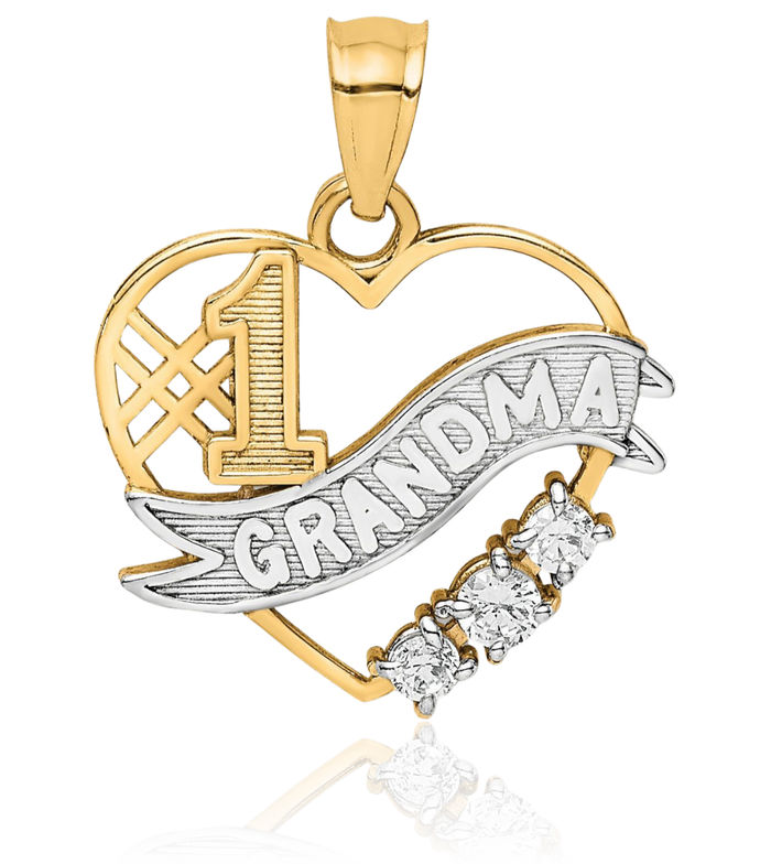 10K Solid Yellow Gold Cubic Zirconia CZ Best Grandma Heart Necklace Nana Charm Grandmother Pendant