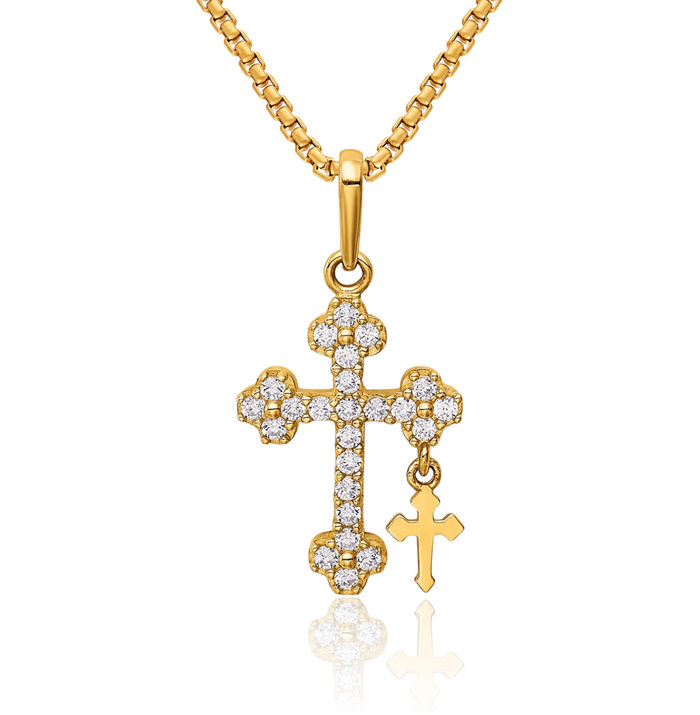 10K Solid Yellow Gold Cubic Zirconia CZ Budded Holy Cross Dangling Necklace Religious Chain Pendant Jesus Christ Christian Charm