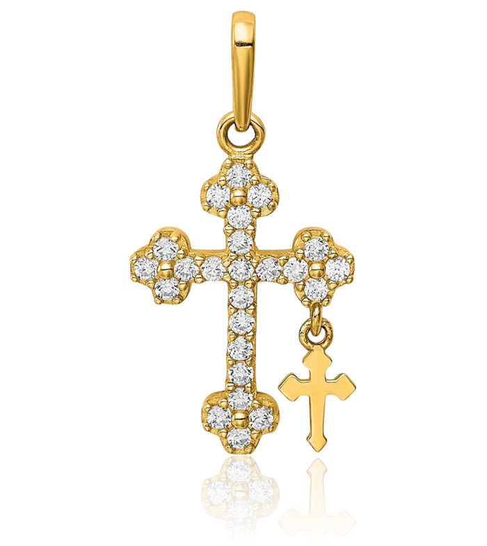 10K Solid Yellow Gold Cubic Zirconia CZ Budded Holy Cross Dangling Necklace Religious Chain Pendant Jesus Christ Christian Charm