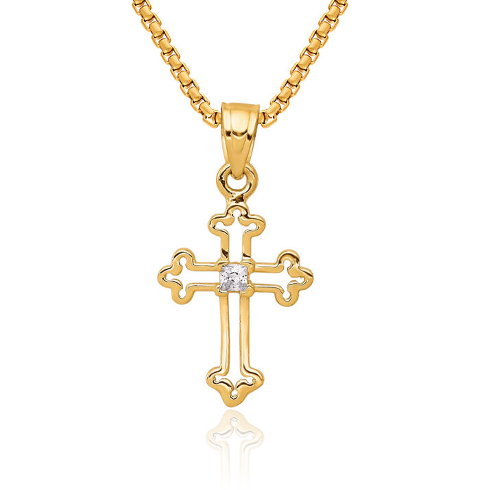 10K Solid Yellow Gold Cubic Zirconia CZ Holy Cross Necklace Religious Chain Pendant Jesus Christ Charm