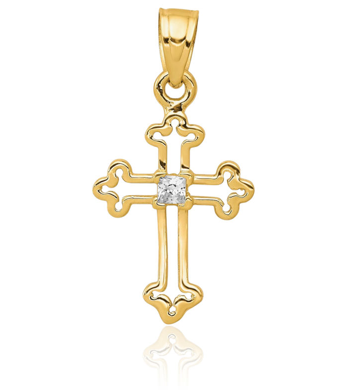 10K Solid Yellow Gold Cubic Zirconia CZ Holy Cross Necklace Religious Chain Pendant Jesus Christ Charm