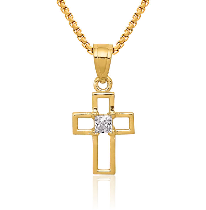 10K Solid Yellow Gold Cubic Zirconia CZ Latin Mexican Holy Cross Necklace Religious Chain Pendant Jesus Christ Charm