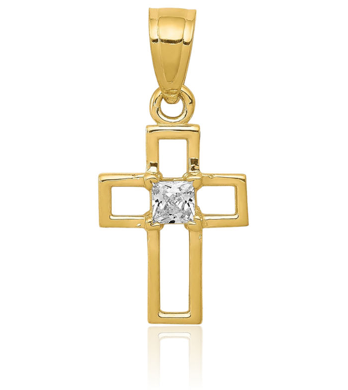 10K Solid Yellow Gold Cubic Zirconia CZ Latin Mexican Holy Cross Necklace Religious Chain Pendant Jesus Christ Charm