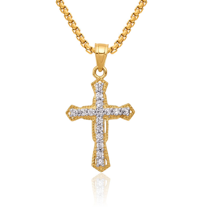 10K Solid Yellow Gold Cubic Zirconia CZ Latin Mexican Holy Cross Necklace Religious Chain Pendant Jesus Christ Charm