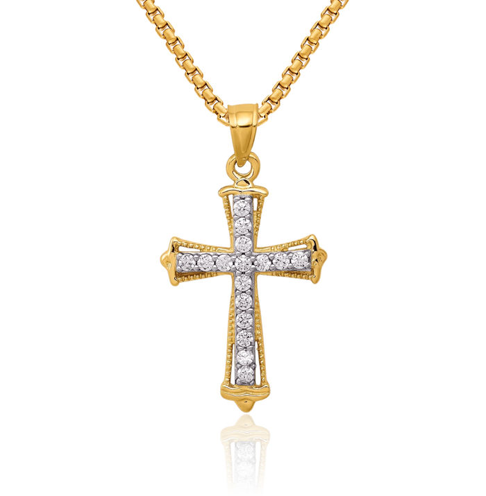 10K Solid Yellow Gold Cubic Zirconia CZ Latin Mexican Holy Cross Necklace Religious Chain Pendant Jesus Christ Charm