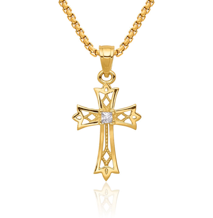 10K Solid Yellow Gold Cubic Zirconia CZ Holy Cross Necklace Religious Chain Pendant Jesus Christ Charm