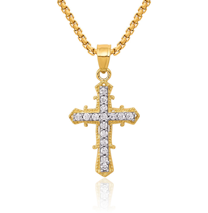 10K Solid Yellow Gold Cubic Zirconia CZ Latin Mexican Holy Cross Necklace Religious Chain Pendant Jesus Christ Charm