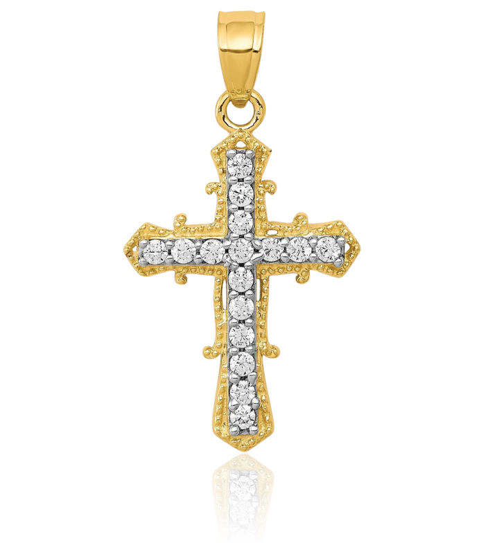 10K Solid Yellow Gold Cubic Zirconia CZ Latin Mexican Holy Cross Necklace Religious Chain Pendant Jesus Christ Charm