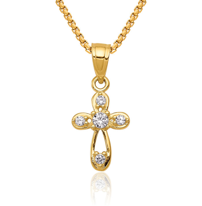 10K Solid Yellow Gold Cubic Zirconia CZ Holy Cross Necklace Religious Chain Pendant Jesus Christ Charm