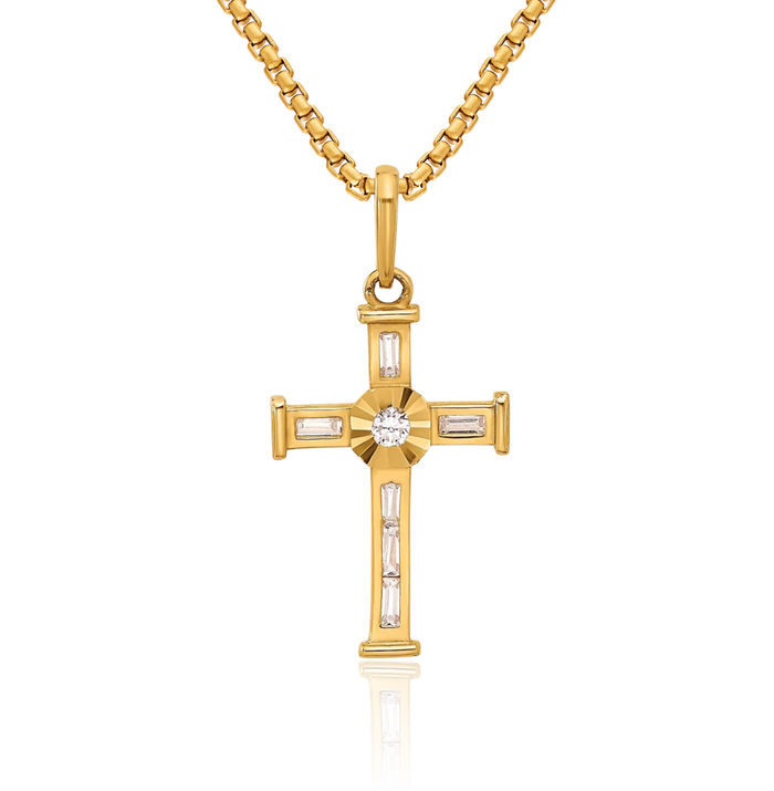 10K Solid Yellow Gold Cubic Zirconia CZ Latin Mexican Holy Cross Necklace Religious Chain Pendant Jesus Christ Charm