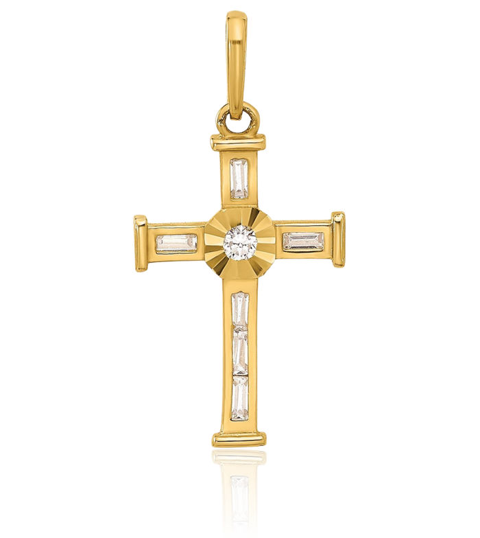 10K Solid Yellow Gold Cubic Zirconia CZ Latin Mexican Holy Cross Necklace Religious Chain Pendant Jesus Christ Charm