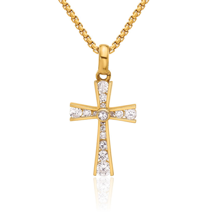 10K Solid Yellow Gold Cubic Zirconia CZ Latin Mexican Holy Cross Necklace Religious Chain Pendant Jesus Christ Christian Charm