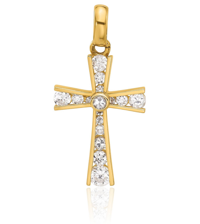 10K Solid Yellow Gold Cubic Zirconia CZ Latin Mexican Holy Cross Necklace Religious Chain Pendant Jesus Christ Christian Charm