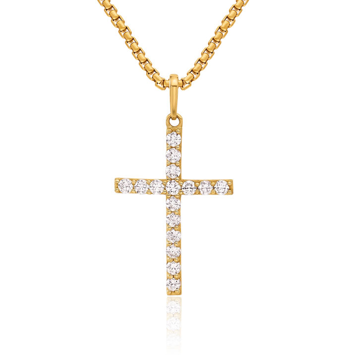 10K Solid Yellow Gold Cubic Zirconia CZ Latin Mexican Holy Cross Necklace Religious Chain Pendant Jesus Christ Christian Charm