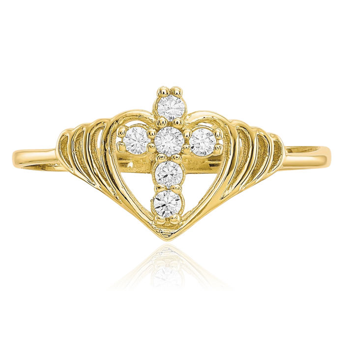 10K Solid Yellow Gold Cubic Zirconia CZ Holy Cross Ring Christian Religious Band