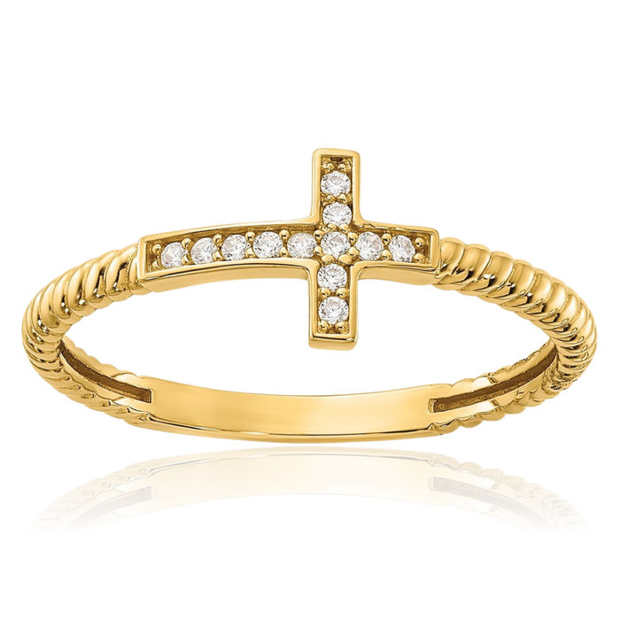 10K Solid Yellow Gold Cubic Zirconia CZ Holy Cross Ring Christian Religious Band