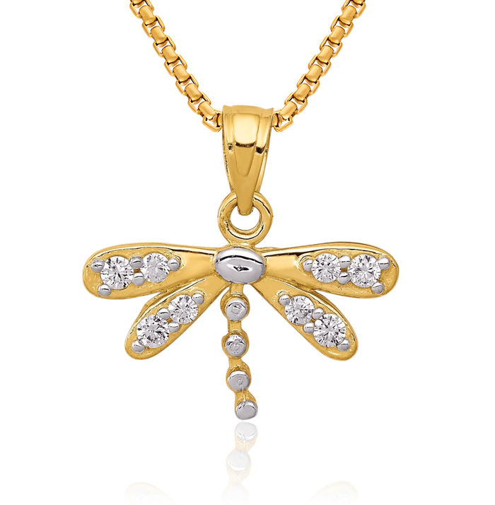 10K Solid Yellow Gold Cubic Zirconia CZ Dragonfly Necklace Chain Pendant Charm