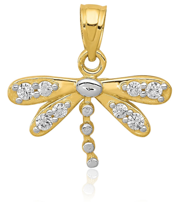 10K Solid Yellow Gold Cubic Zirconia CZ Dragonfly Necklace Chain Pendant Charm