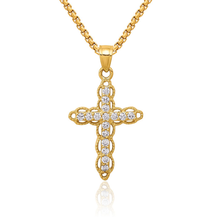 10K Solid Yellow Gold Cubic Zirconia CZ Antique Filigree Latin Mexican Holy Cross Necklace Religious Chain Pendant Jesus Christ Charm