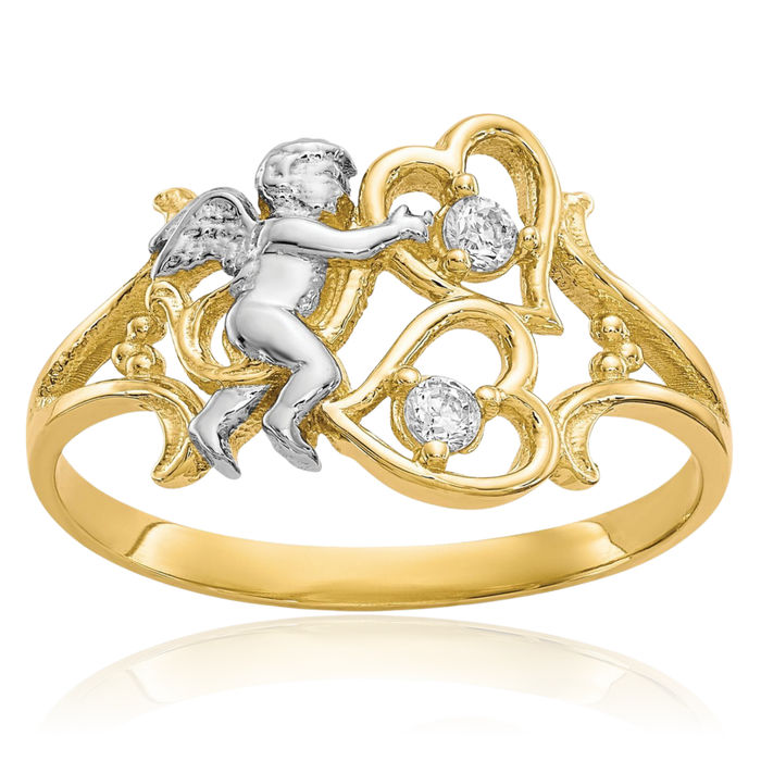 10K Solid Yellow Gold Cubic Zirconia CZ Guardian Angel Wings Heart Ring Love Band