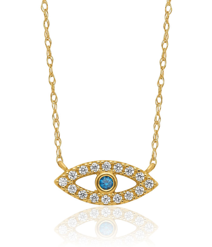 10K Solid Yellow Gold Cubic Zirconia CZ Hamsa Hand of Fatima Evil Eye Protection Good Luck Blue Necklace